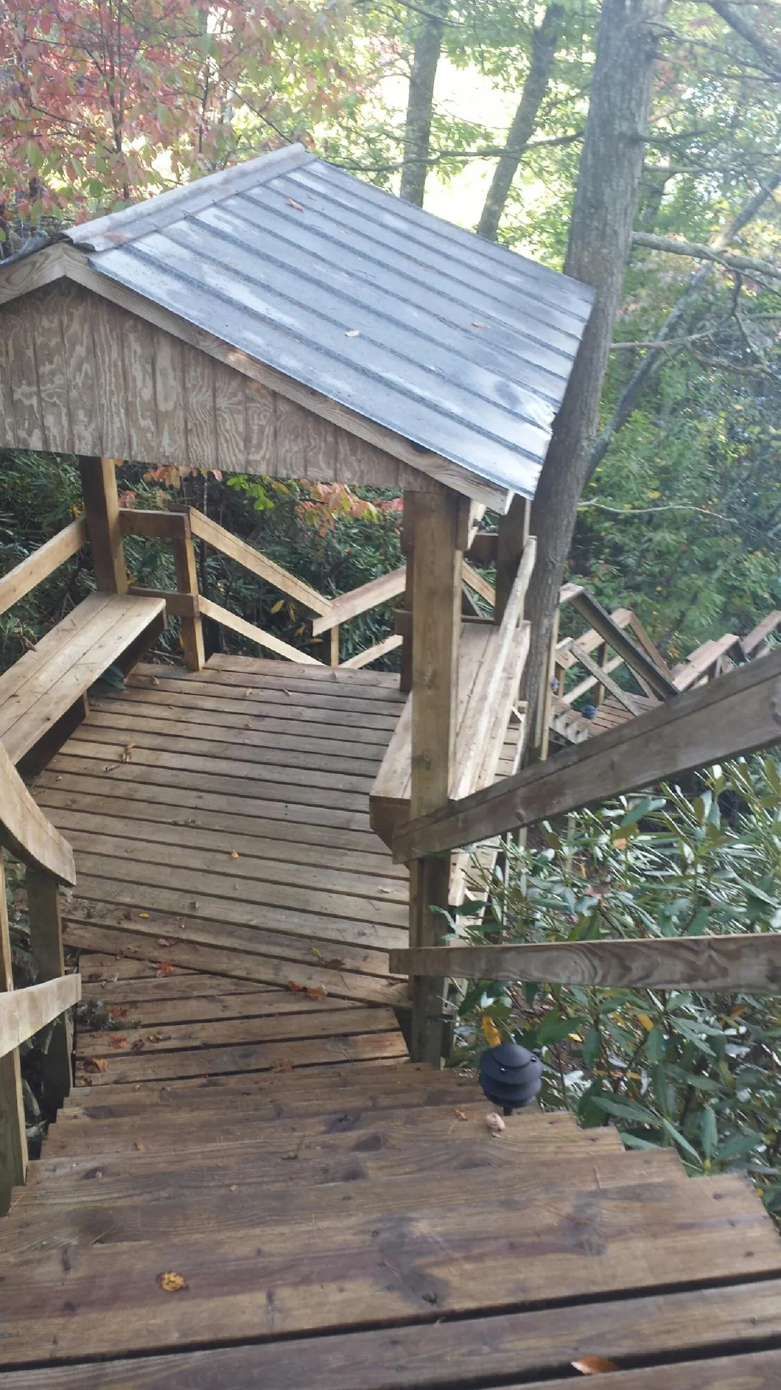 Metal roofed shelter over wooden steps on a wooded walkway — Skylight Repair & Installation work by our crew in Jeddo